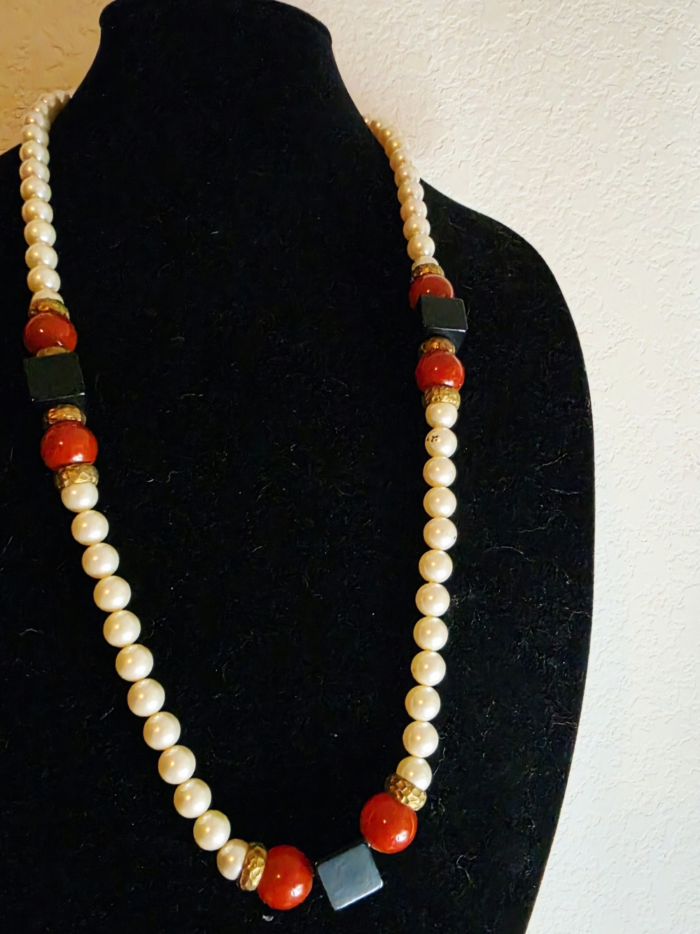 Alexis Kirk Vintage Beaded Necklace Faux Carnelian Pearl Long 80s Geometric